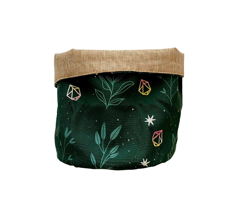 Reversible Fabric Plant Pot Holder with Crystals and Botanicals by Goddess Provisions. 