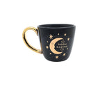 Black and celestial ceramic mug with moon and sun design available at Goddess Provisions